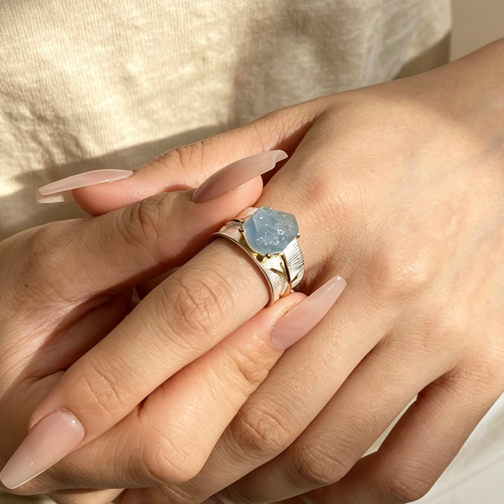 Aquamarine Flower - Adjustable Ring