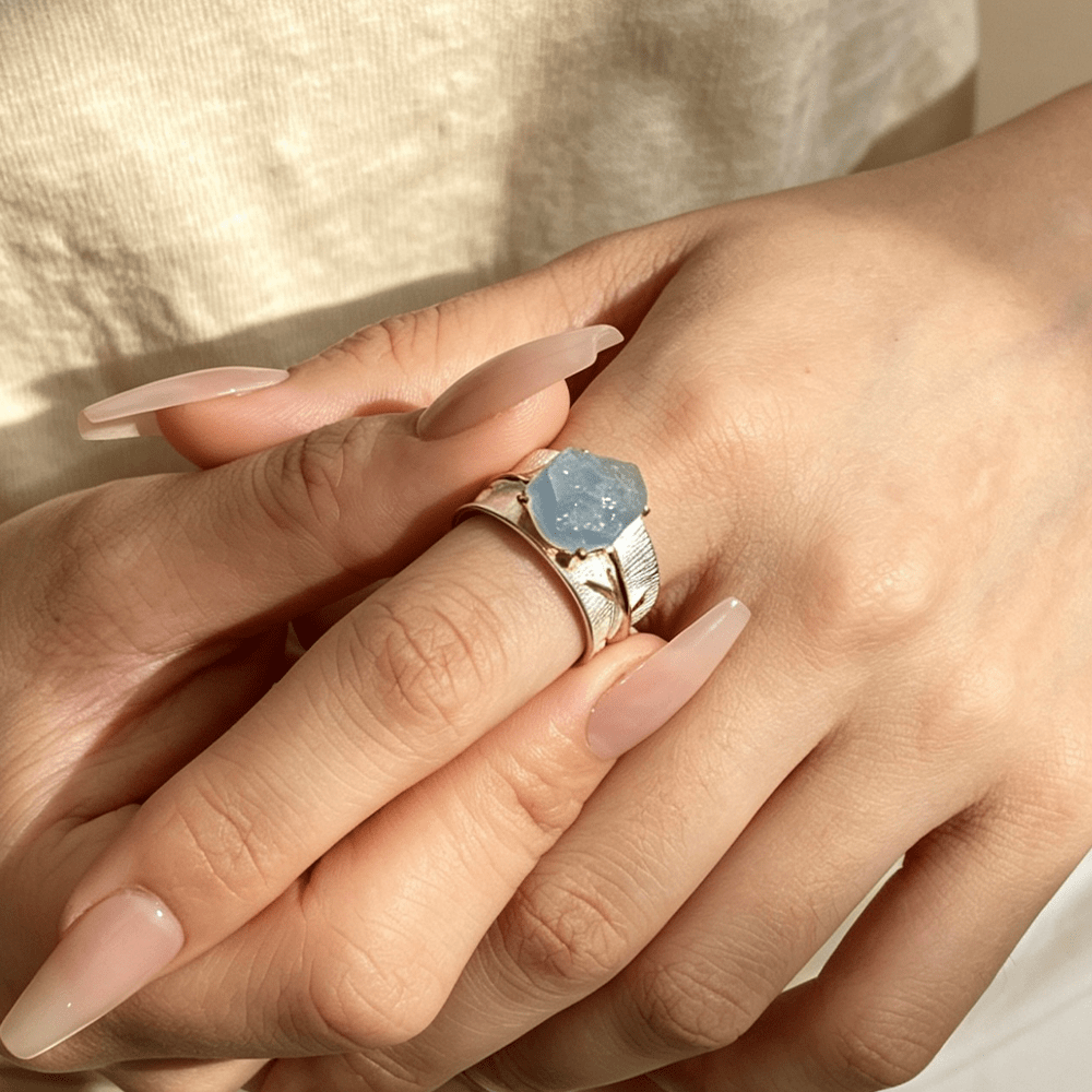 Aquamarine Flower - Adjustable Ring - MetalVoque