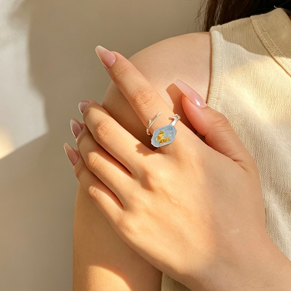 Aquamarine Butterfly - Adjustable Ring