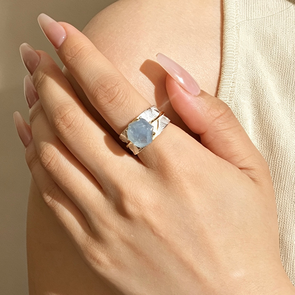 Aquamarine Flower - Adjustable Ring
